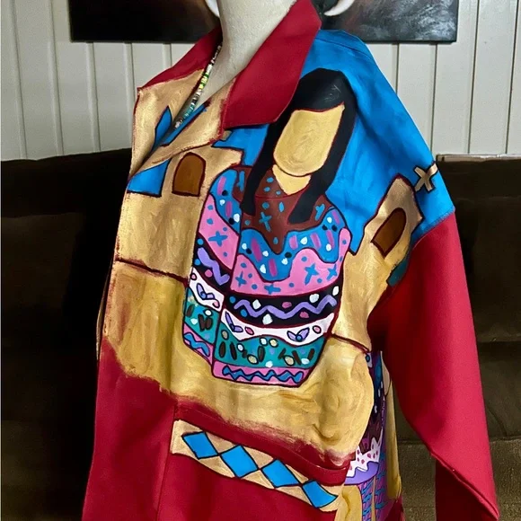 Jo Dufo ~1989 ~Hand-Painted Red/Multi-Colors Native American Indian Large Jacket